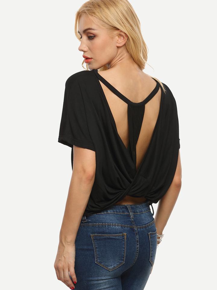 Romwe Strappy Draped Back T-shirt - Black