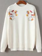 Romwe White Bird Embroidery Dip Hem Sweater
