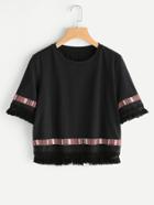 Romwe Embroidered Tape Detail Fringe Trim Tee