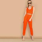 Romwe Neon Orange Crop Top & Drawstring Waist Pants Set