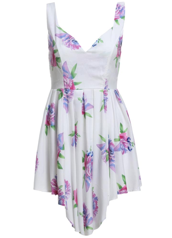 Romwe V Neck Florals With Zipper Asymmetrical Dress