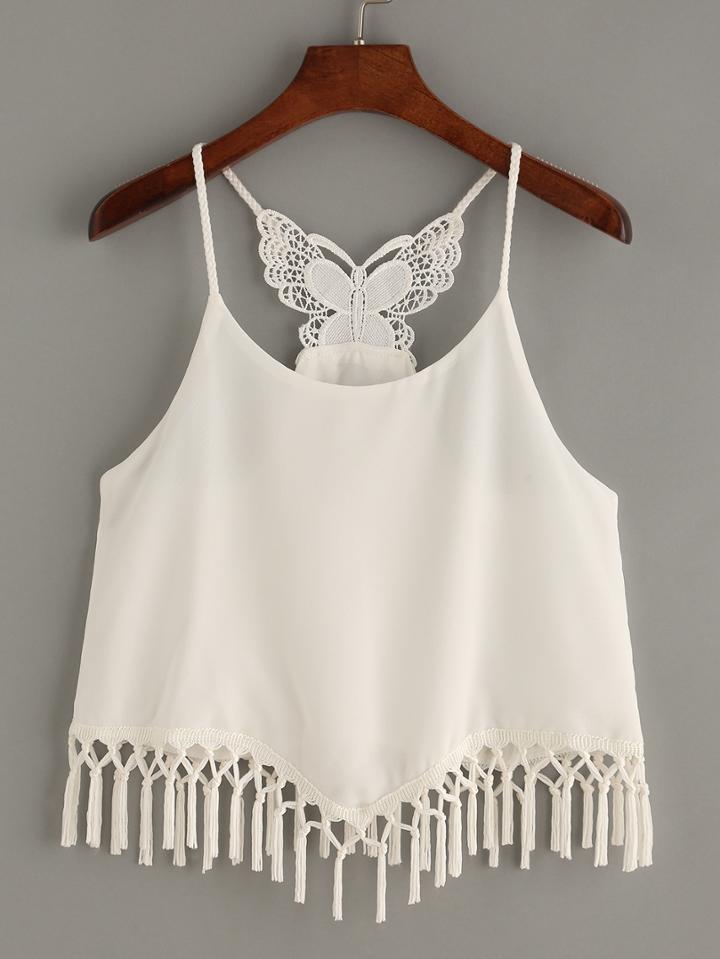 Romwe White Butterfly Hollow Out Tassel Cami Top