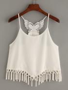 Romwe White Butterfly Hollow Out Tassel Cami Top