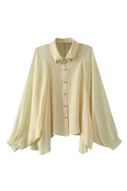 Romwe Asymmetric Dimante Embellished Batwing Cream Shirt