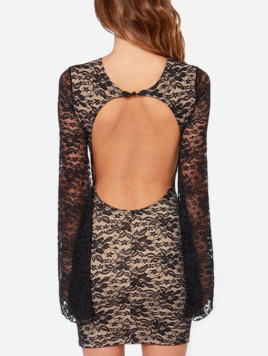 Romwe Black Lace Cut Out Back Bell Sleeve Sexy Dress