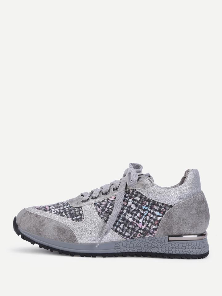 Romwe Tweed Detail Lace Up Sneakers