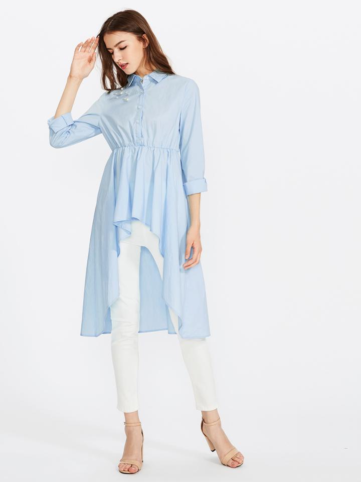 Romwe Pearl Beaded Half Placket Dip Hem Smock Blouse