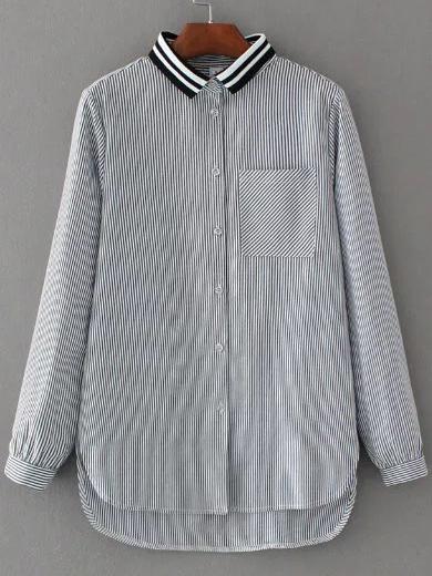 Romwe Vertical Striped Contrast Collar High Low Blouse With Pocket