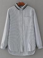 Romwe Vertical Striped Contrast Collar High Low Blouse With Pocket