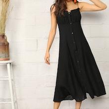 Romwe Frill Trim Crinkle Detail Button Up Cami Dress