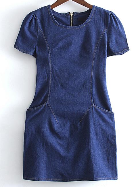 Romwe Dark Blue Pockets Zipper Back Denim Dress