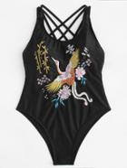 Romwe Bird Embroidered Criss Cross Back Swimsuit