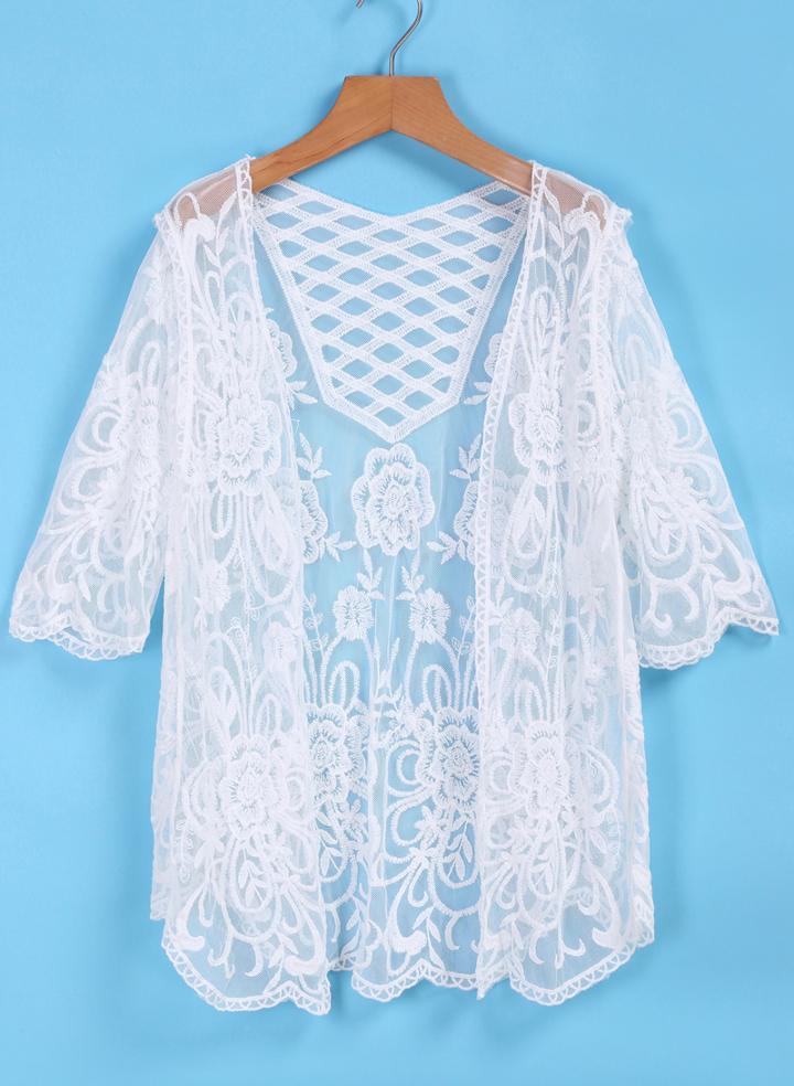 Romwe Half Sleeve Lace Embroidered Top