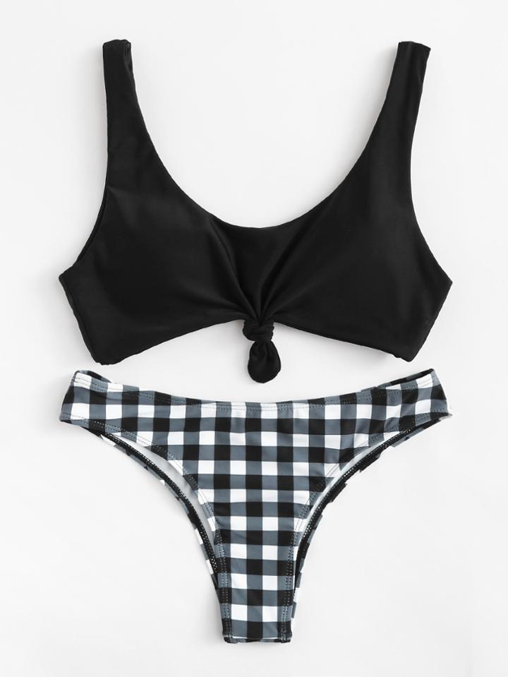 Romwe Gingham Knot Bikini Set