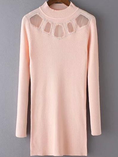 Romwe Mock Neck Beaded Patch Long Pink Sweater