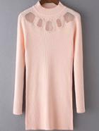 Romwe Mock Neck Beaded Patch Long Pink Sweater