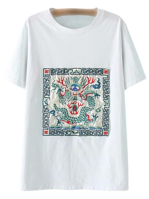 Romwe White Short Sleeve Totem Embroidery T-shirt