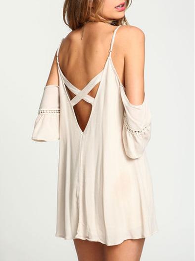 Romwe Apricot Spaghetti Strap Off The Shoulder Dress