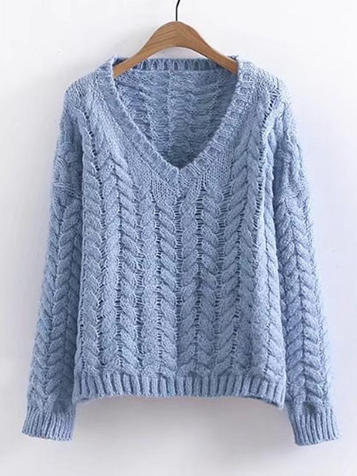 Romwe V Neckline Cable Knit Sweater