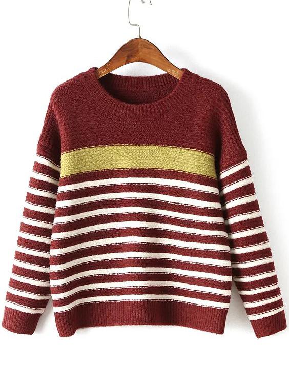Romwe Red Striped Ribbed Trim Drop Shoulder Knitwear