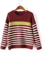 Romwe Red Striped Ribbed Trim Drop Shoulder Knitwear