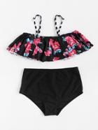 Romwe Calico Print Flounce Design High Waist Bikini Set