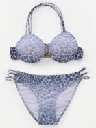 Romwe Grey Halter Leopard Print Strappy Bikini Set