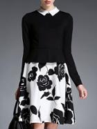 Romwe Black Lapel Flowers Jacquard A-line Dress
