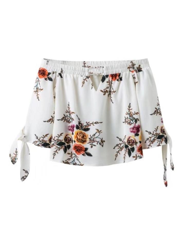 Romwe Bardot Cut Out Tie Cuff Crop Top