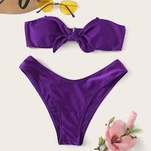 Romwe Knot Front Bandeau With High Cut Bikini