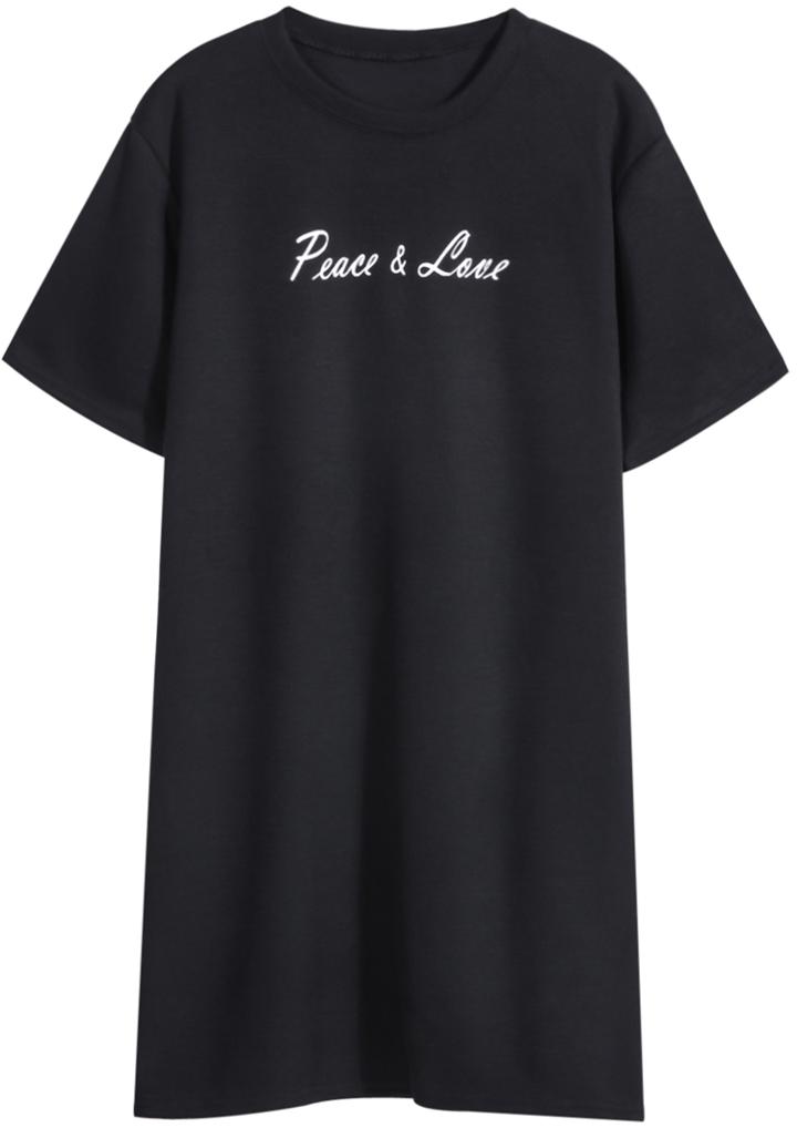 Romwe Black Short Sleeve Letters Print Long T-shirt