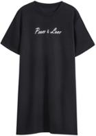 Romwe Black Short Sleeve Letters Print Long T-shirt
