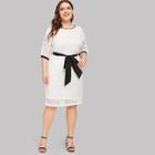 Romwe Plus Contrast Trim Lace Panel Belted Dress