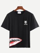 Romwe Panda & Shark Print Black T-shirt