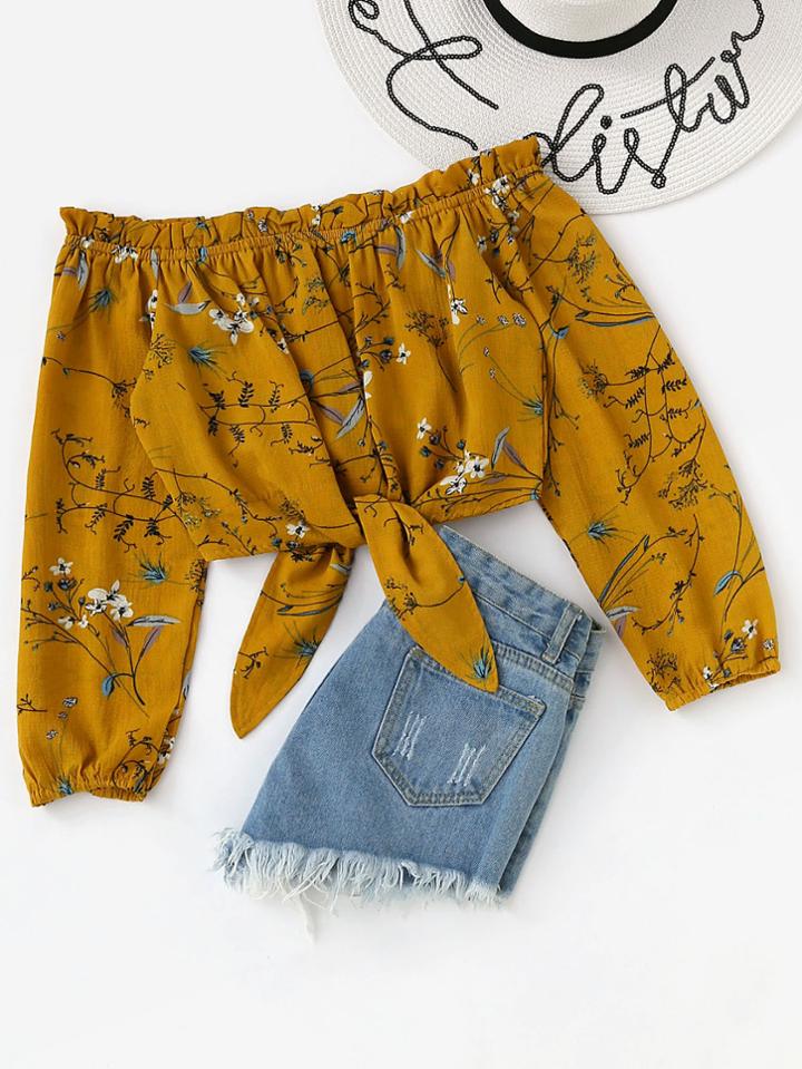 Romwe Off Shoulder Floral Print Random Knot Hem Top