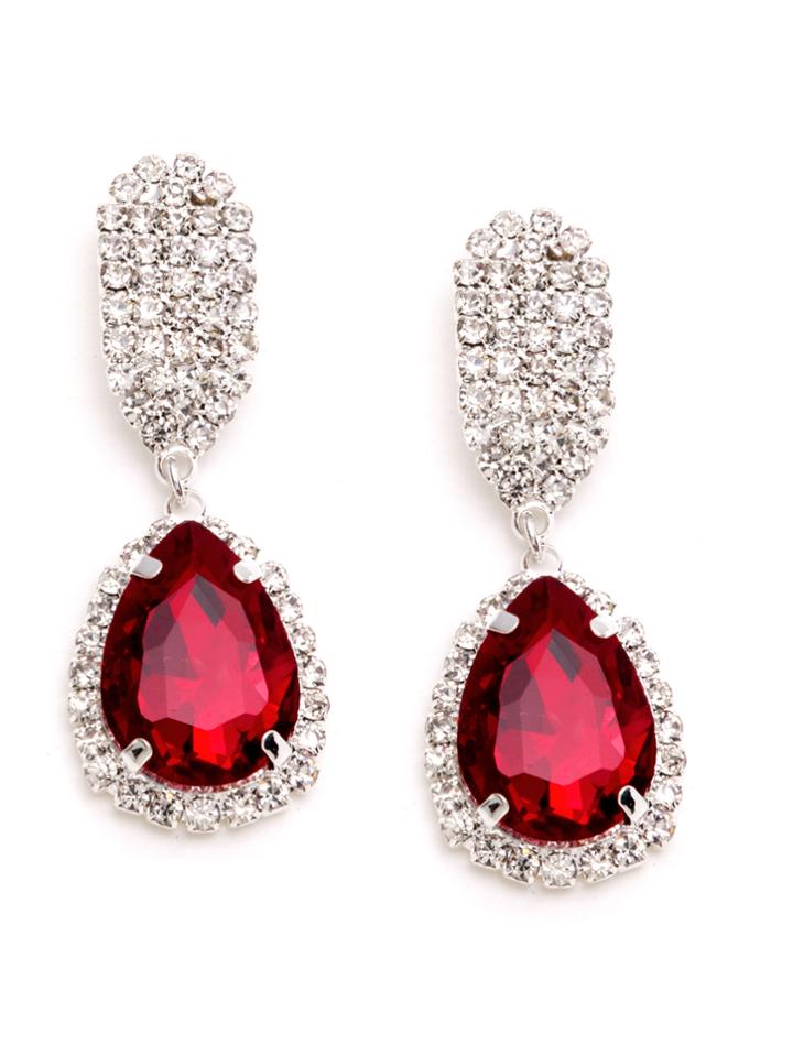 Romwe Red Rhinestone Encrusted Drop Earrings