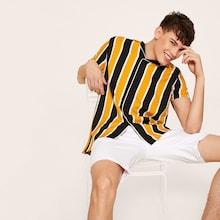Romwe Guys Button Up Notched Collar Striped Shirt