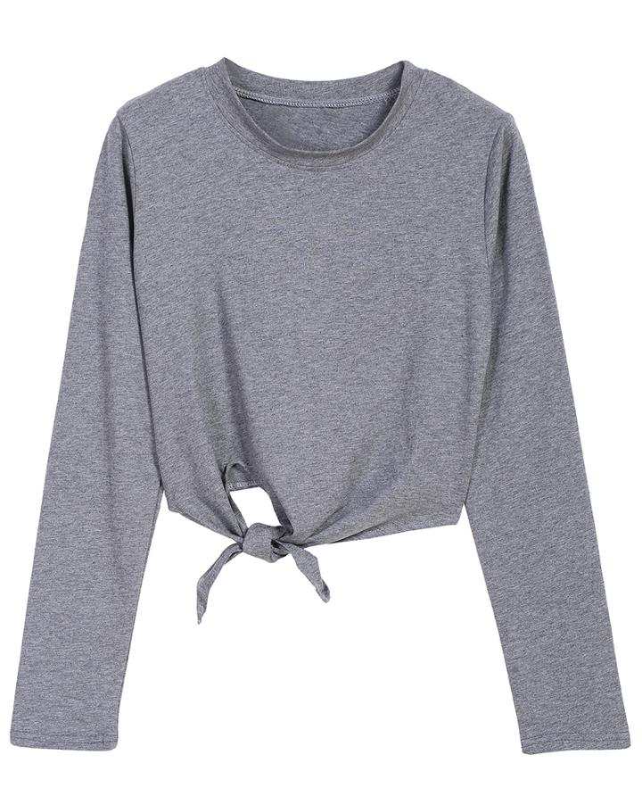Romwe Crop Long Sleeve Grey T-shirt