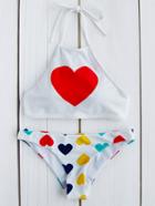 Romwe White Heart Print Halter Bikini Set