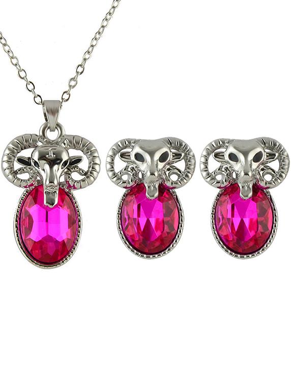 Romwe Red Gemstone Sheep Necklace With Earrings