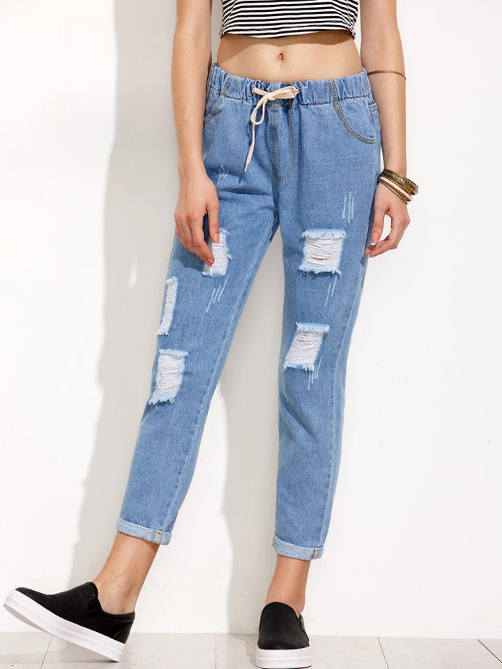 Romwe Blue Distressed Drawstring Waist Jeans