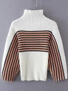 Romwe White Striped Turtleneck Sweater