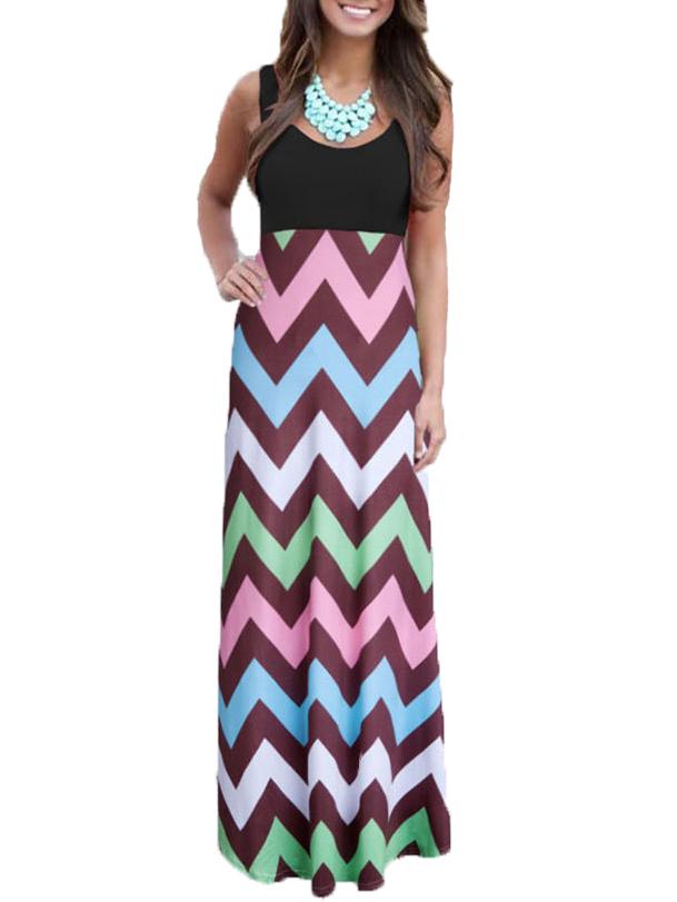 Romwe Sleeveless Zigzag Maxi Black Green Dress
