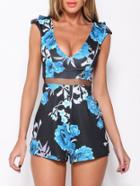Romwe Deep V-neck Sleeveless Shorts Print Jumpsuits