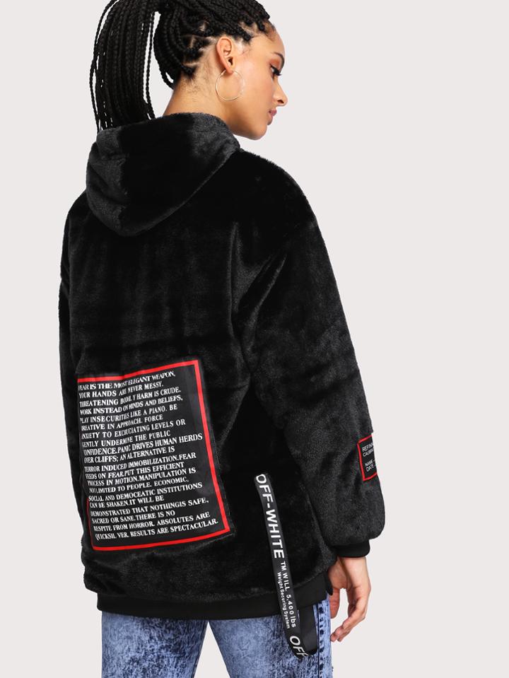 Romwe Letter Ribbon Detail Faux Fur Hoodie