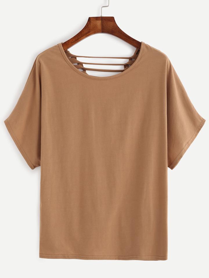 Romwe Camel Cutout Ladder Lace Up Back T-shirt