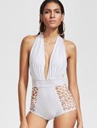 Romwe White Hollow Out Plunge Neck Monokini