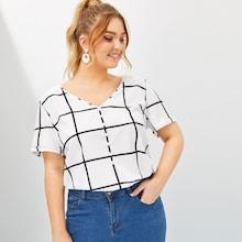 Romwe Plus Button Front V-cut Grid Blouse