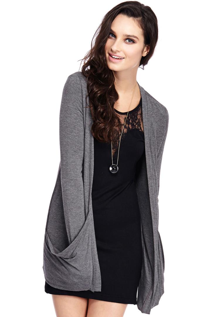 Romwe Loose Buttonless Pocketed Dark-grey Cardigan