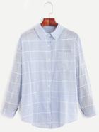 Romwe Blue Grid Drop Shoulder Pocket Shirt